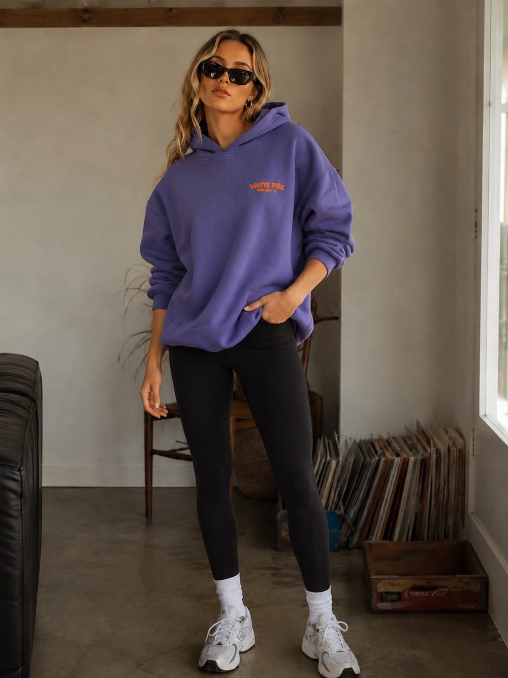 White Fox Boutique Indigo Crewneck Sweatshirt with Orange Logo